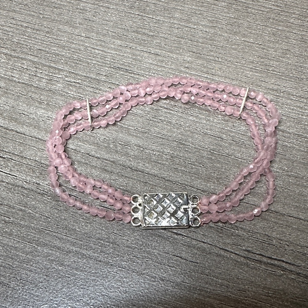 Delicate Rose Quartz Beaded Triple-Row Bracelet with Sterling Silver Clasp - Picture 3 of 3